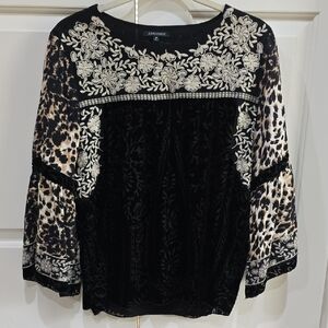 John Mark Black Velvet Top with Cream Floral Embroidery and Leopard Sleeves